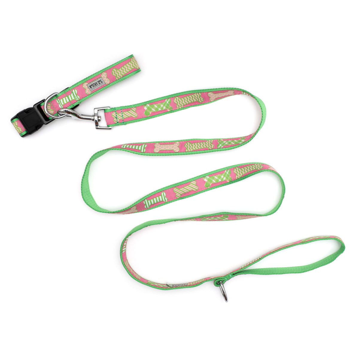 Repeating bone shapes on patterned ribbon nylon dog leash, Pink leash shown with matching collar; collar not included