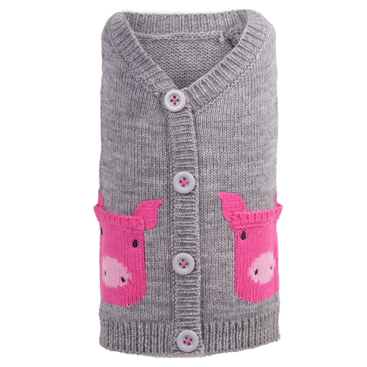 Pig Cardigan Dog Sweater – Acrylic, Gray, Sizes XS–XXL