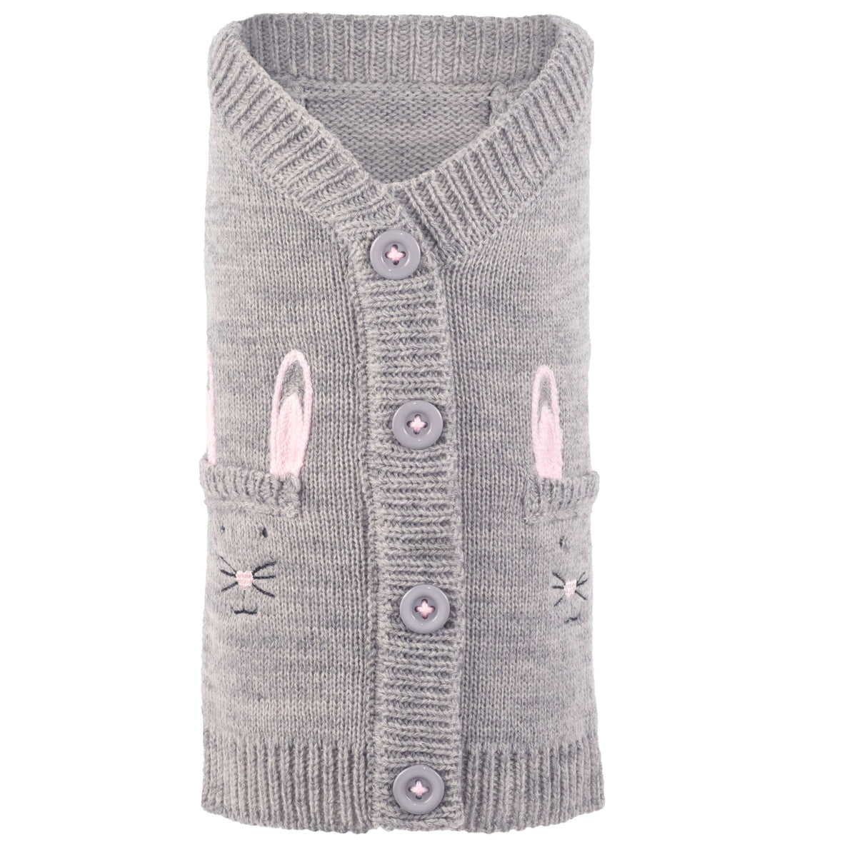 Bunny Cardigan Dog Sweater – Acrylic, Gray, Sizes XXS–XXL