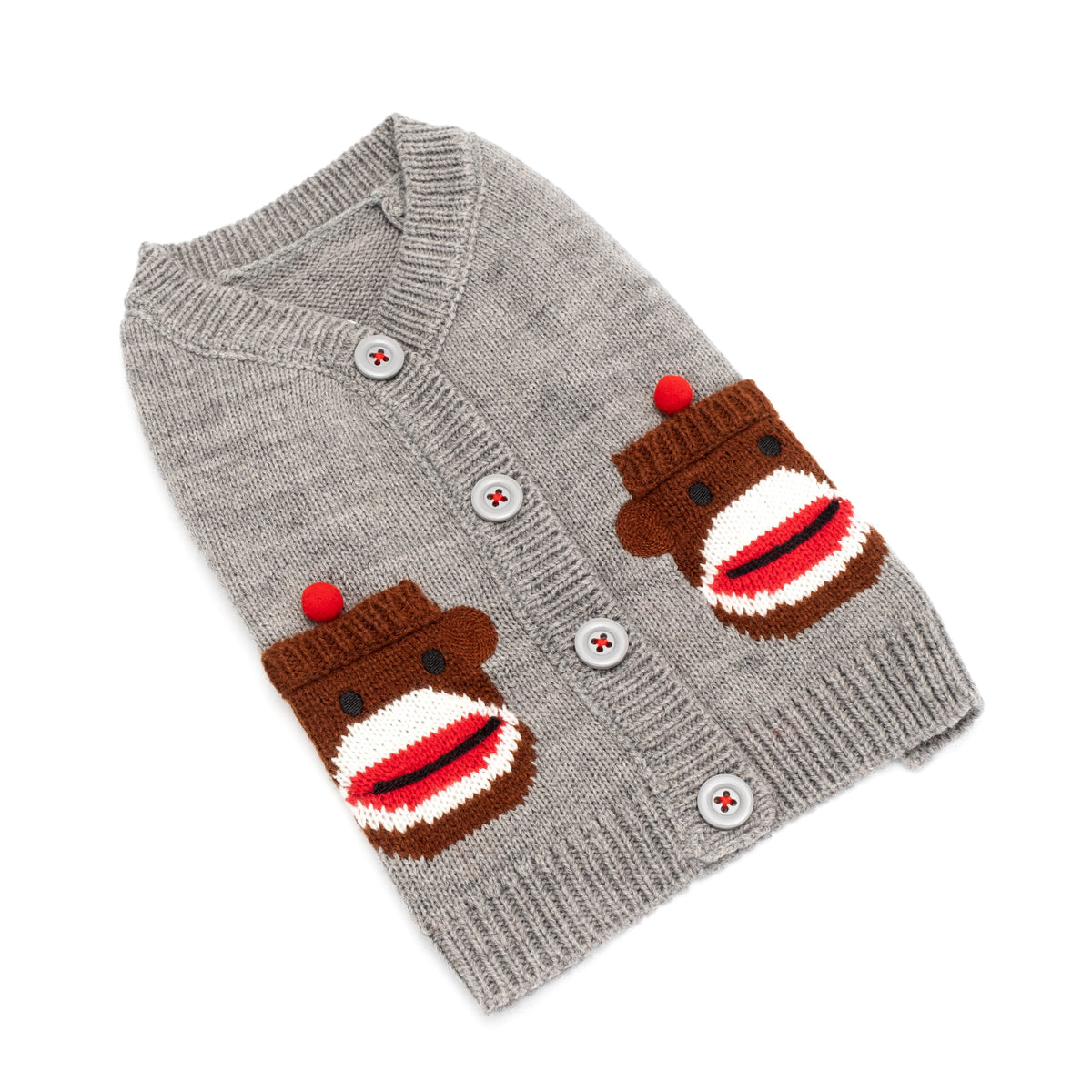 Sock Monkey Cardigan Dog Sweater – Acrylic, Gray, Sizes XXS–XXL