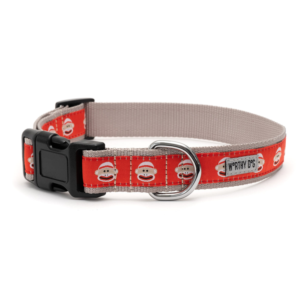 Sock Monkey Dog Collar – Red, Sizes XS–XL