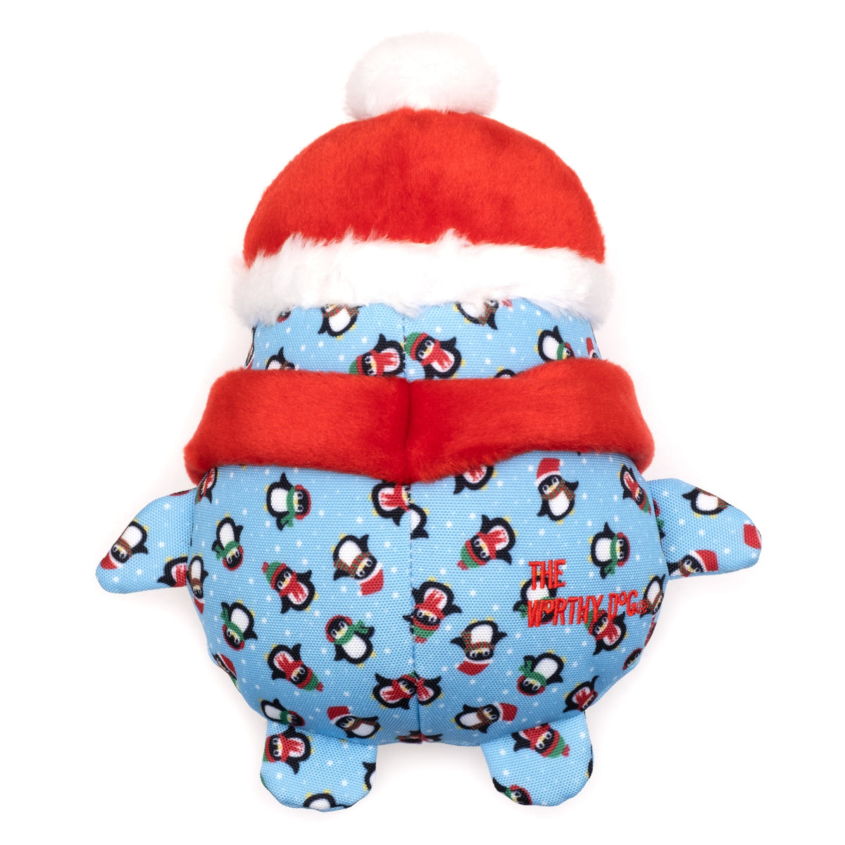 Blue Penguin Squeaky Dog Toy with Santa Hat and Scarf, back view