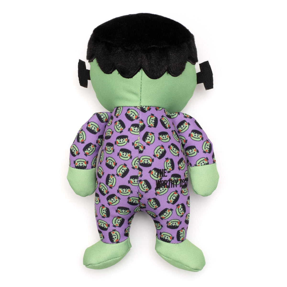Green Monster Squeaky Dog Toy, back view of purple print