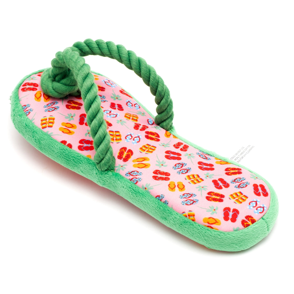 Pink Flip Flop Squeaky Dog Toy with Green Rope Strap, side angle