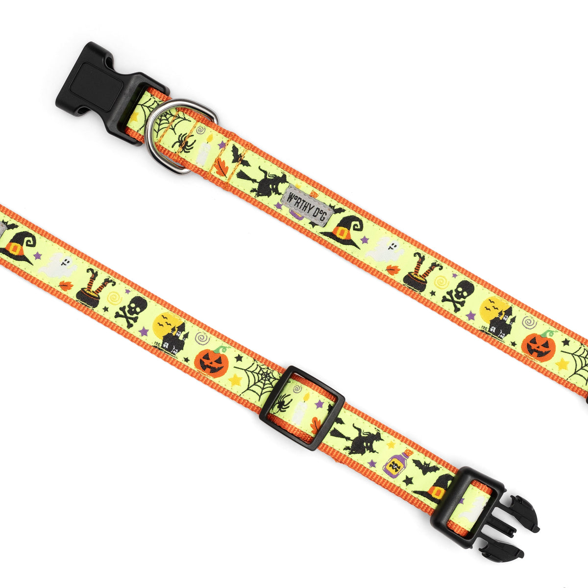 Flying witches, bats and pumpkins on lime ribbon Halloween dog collar, extended with buckle open