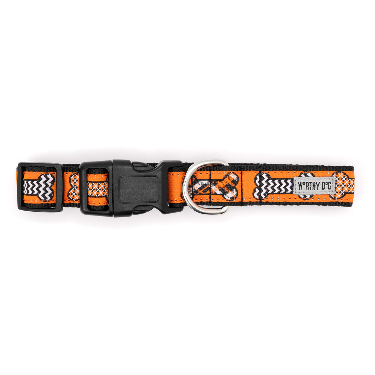 Black and white patterned bones on orange ribbon Halloween dog collar, buckle detail