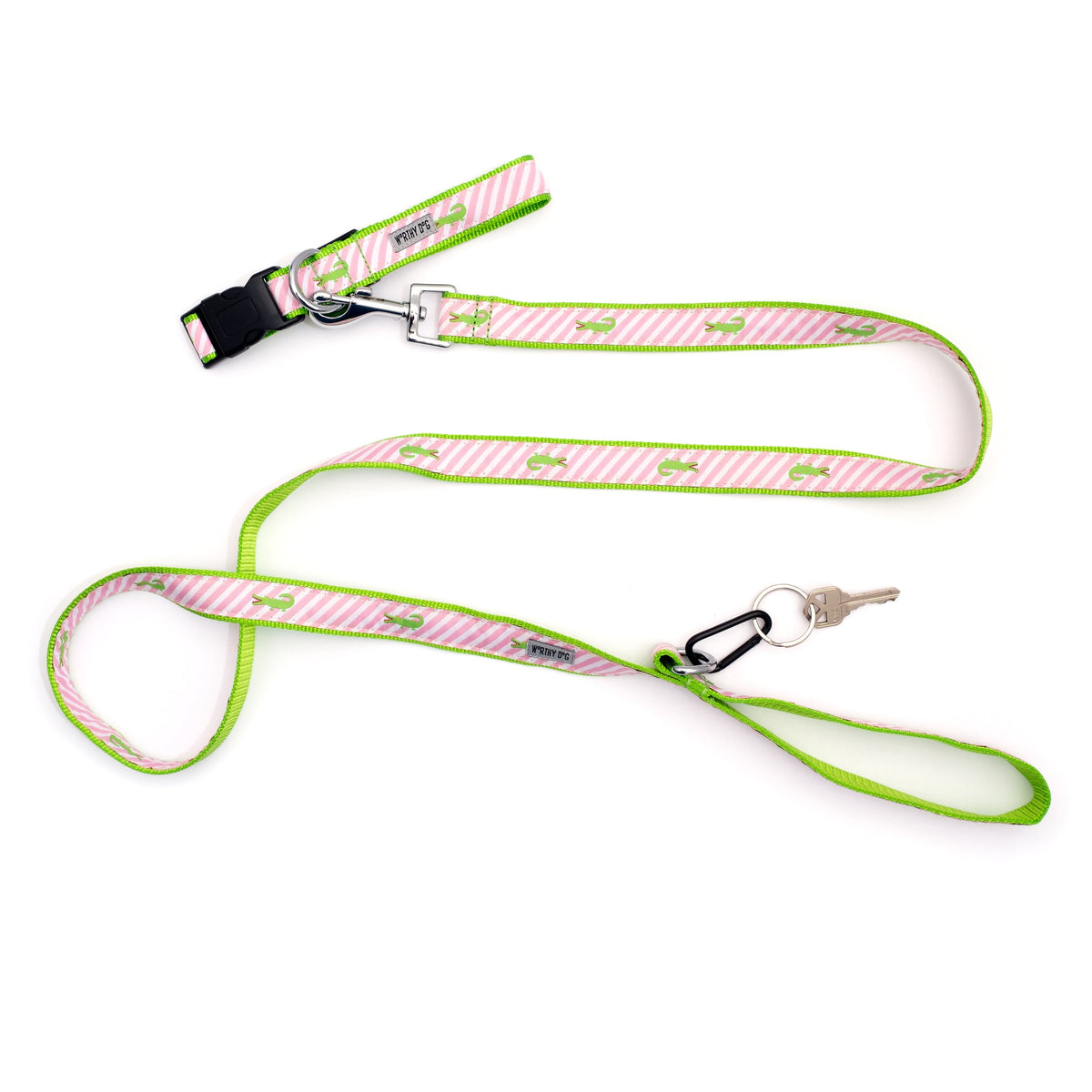 Green alligators over diagonal pink and white stripes nylon dog leash, shown with matching accessories; accessories not included
