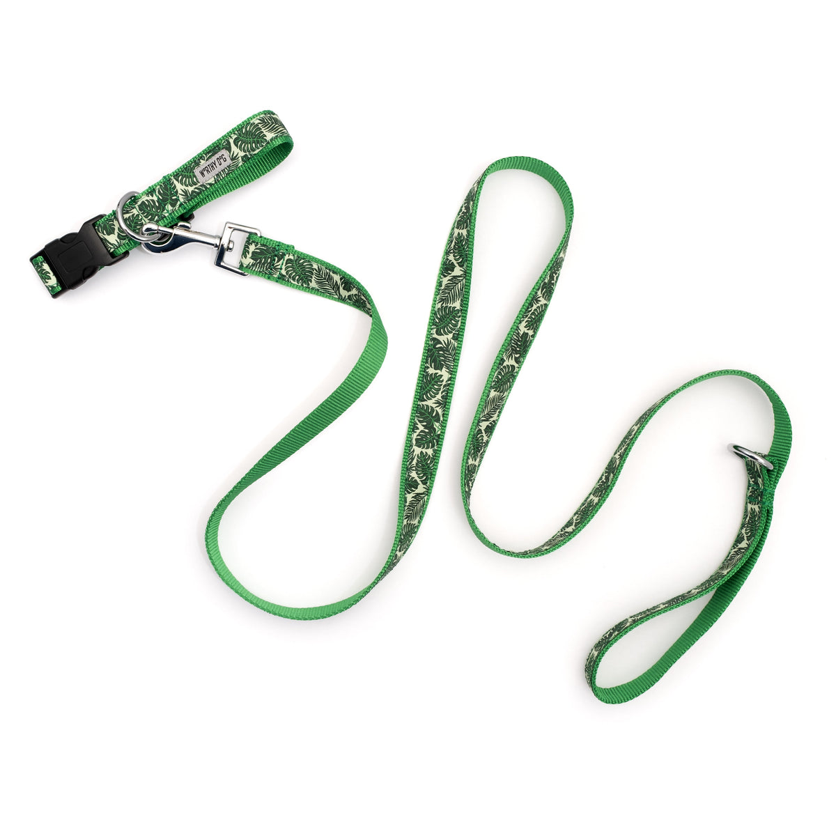 Green Tropical Leaves Nylon Dog Leash — leash shown with matching collar