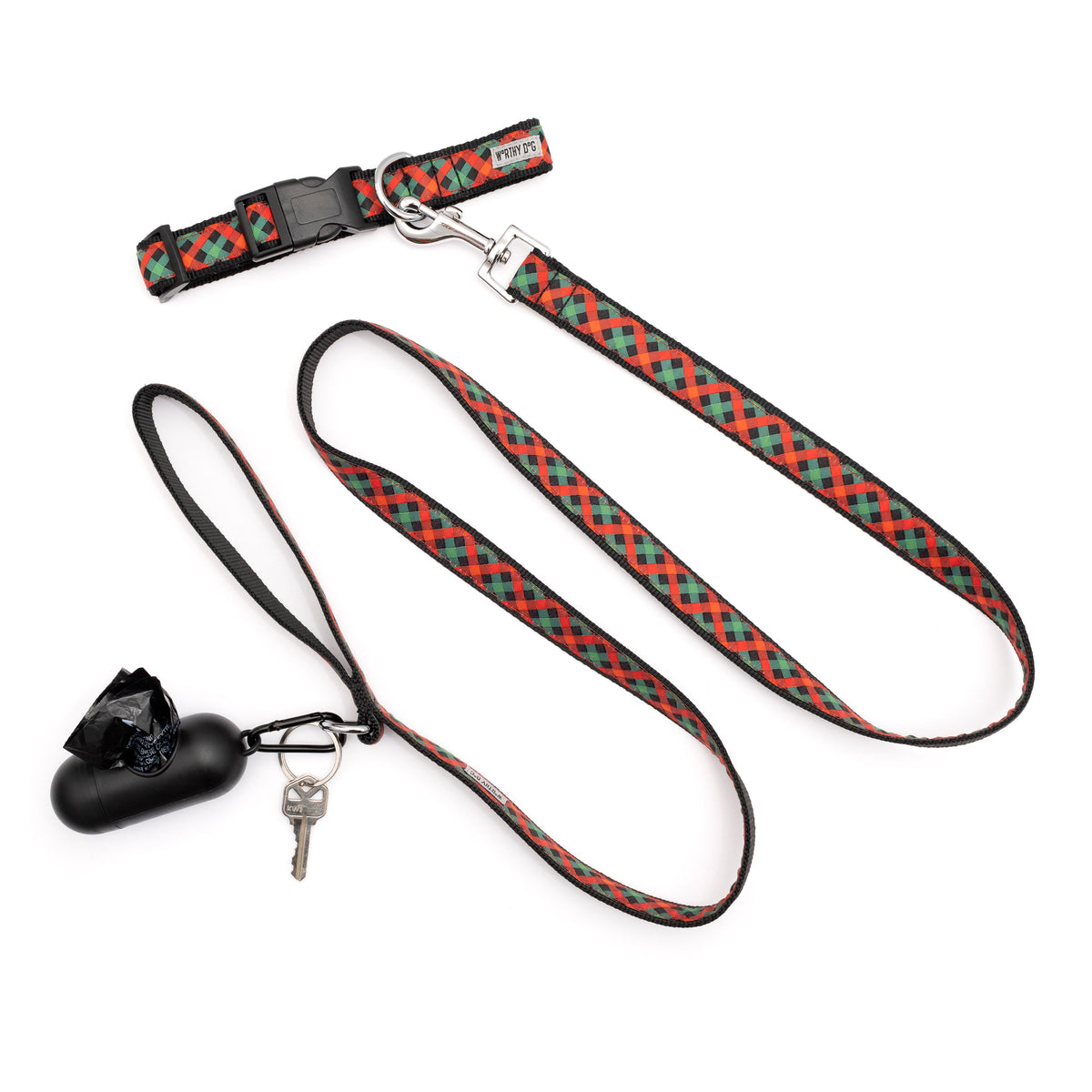 Holiday Check Dog Leash – Red/Green/Black, Sizes S, L