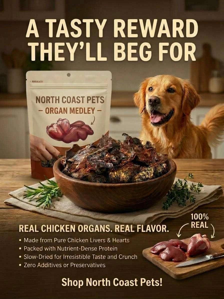 a dog sitting in front of a bowl of chicken