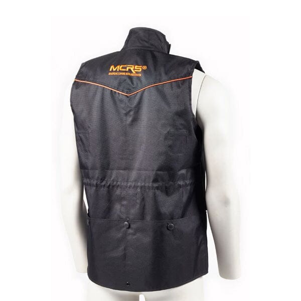 a black vest with orange trim