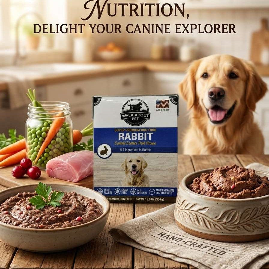 Dog food packaging with a bowl of dog food and a dog in a kitchen setting.