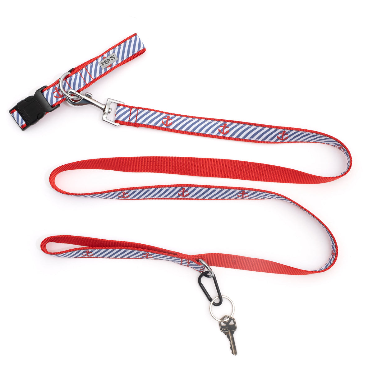 Red anchors over diagonal navy and white stripes nylon dog leash, shown with matching accessories; accessories not included