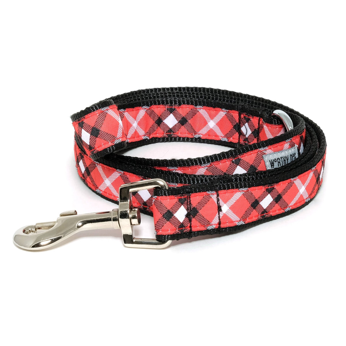 Red plaid nylon dog leash coiled