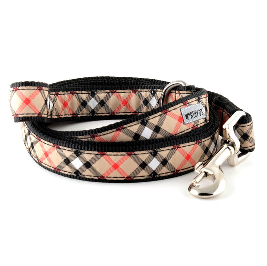 Beige plaid nylon dog leash coiled