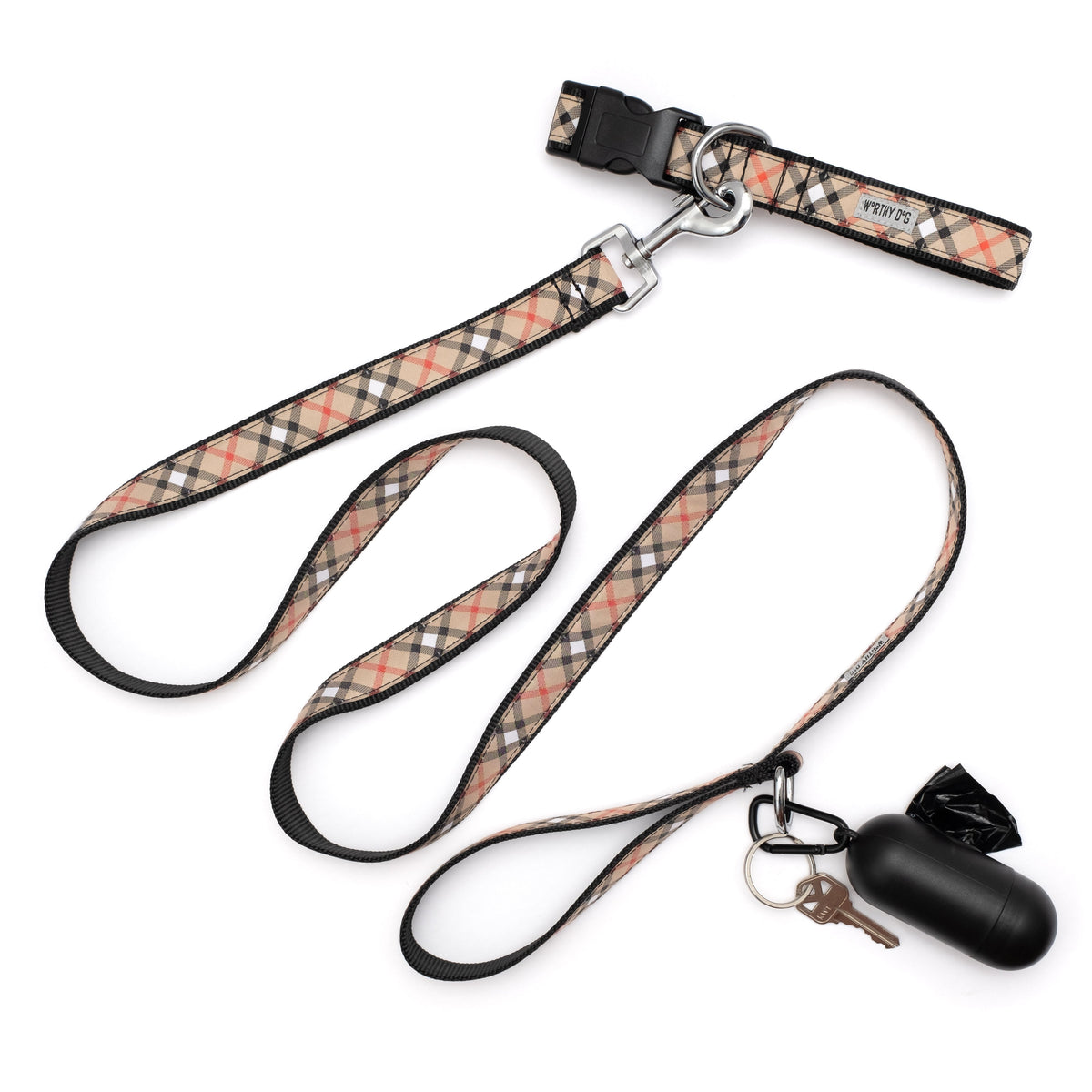 Beige plaid leash displayed with accessories; accessories not included