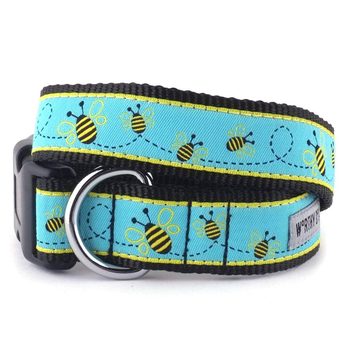 Blue Bee Print Nylon Dog Collar in blue, main product view