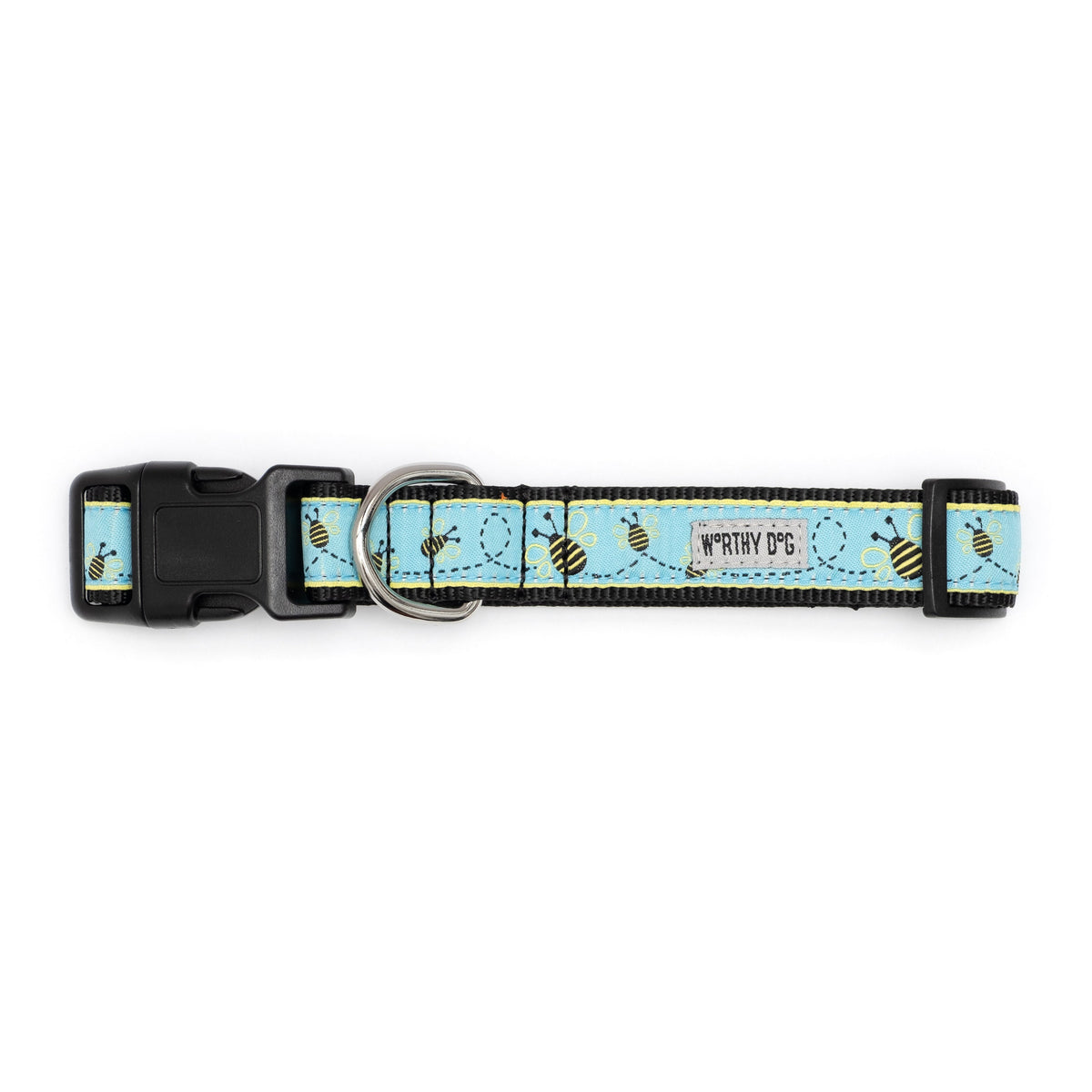 Blue Bee Print Nylon Dog Collar in blue, product view 2