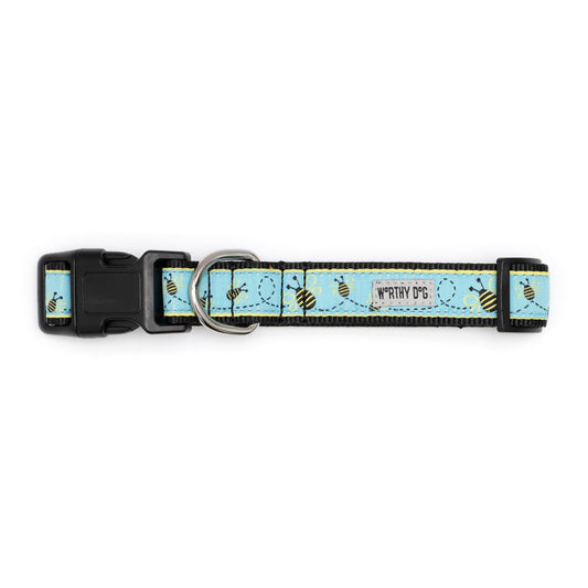 Blue Bee Print Nylon Dog Collar in blue, product view 2