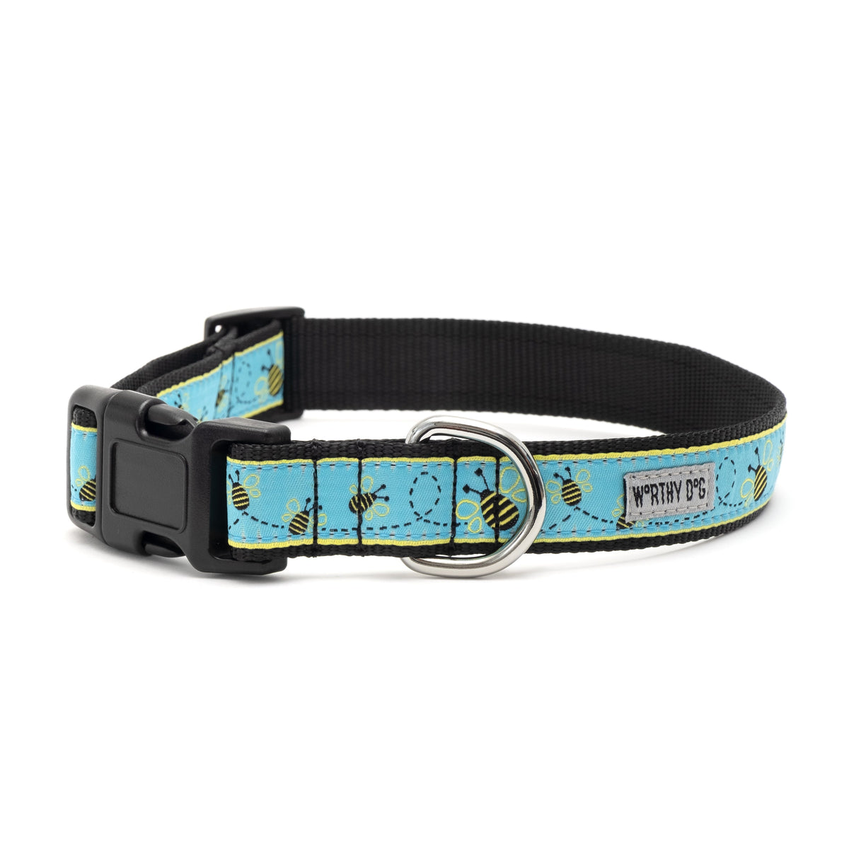 Blue Bee Print Nylon Dog Collar in blue, product view 3