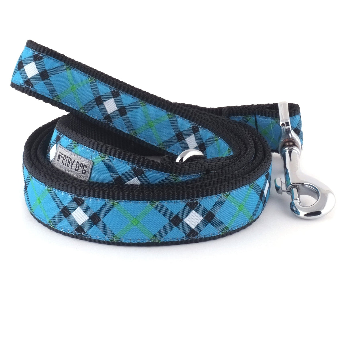 Blue plaid nylon dog leash coiled