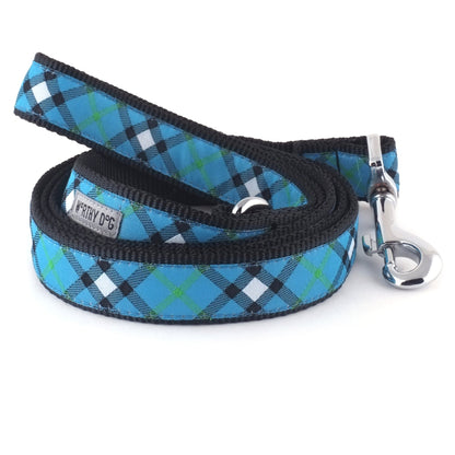 Blue plaid nylon dog leash coiled