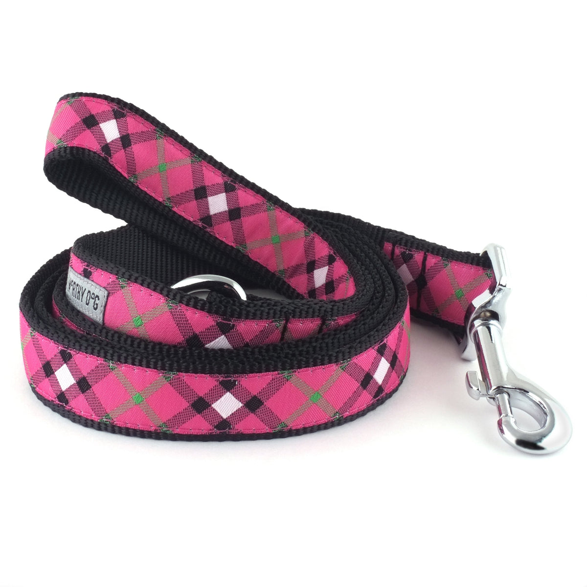 Pink plaid nylon dog leash coiled