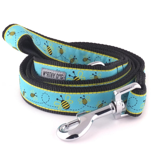 Blue bee pattern nylon dog leash coiled