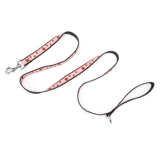 Red ladybugs with dotted trails on pink ribbon nylon dog leash, extended