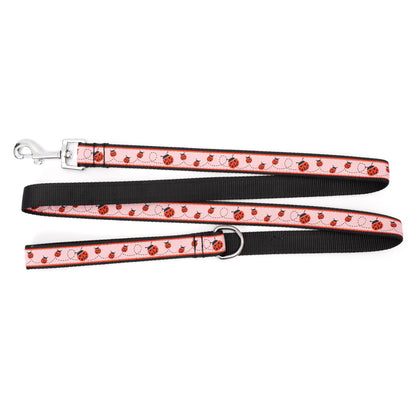 Red ladybugs with dotted trails on pink ribbon nylon dog leash, ribbon and black backing detail