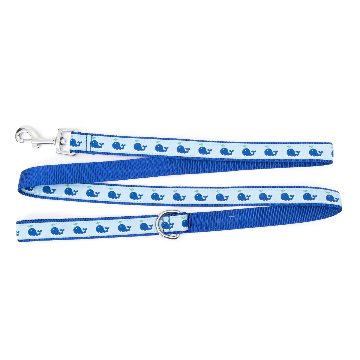 Dark blue whales with water spouts on light blue ribbon nylon dog leash, whale ribbon and blue backing detail