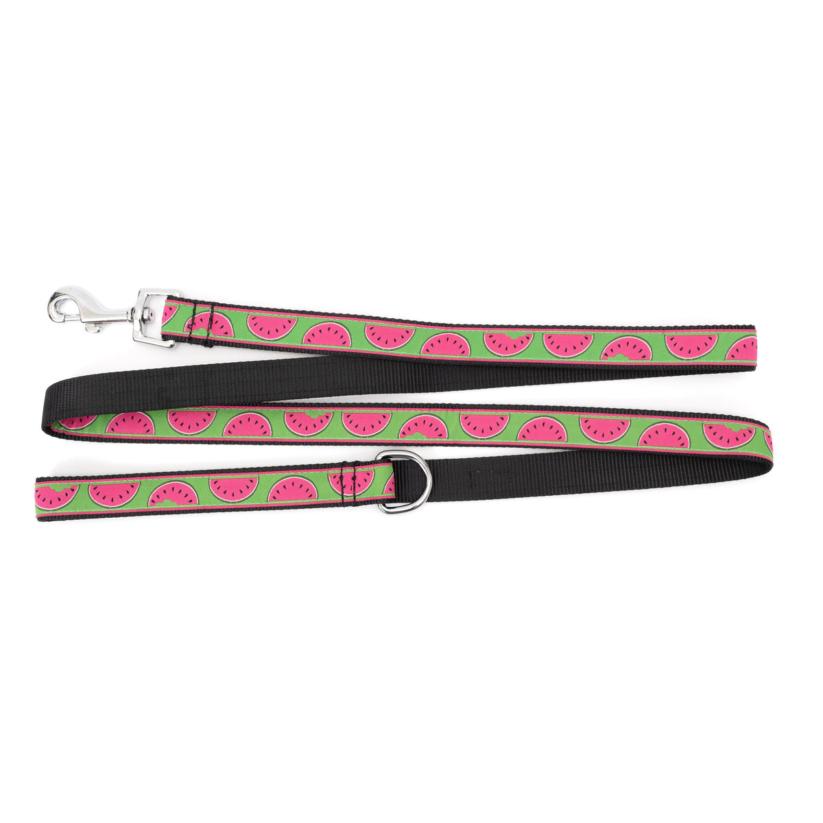Green Watermelon Nylon Dog Leash — flat strap and hardware view