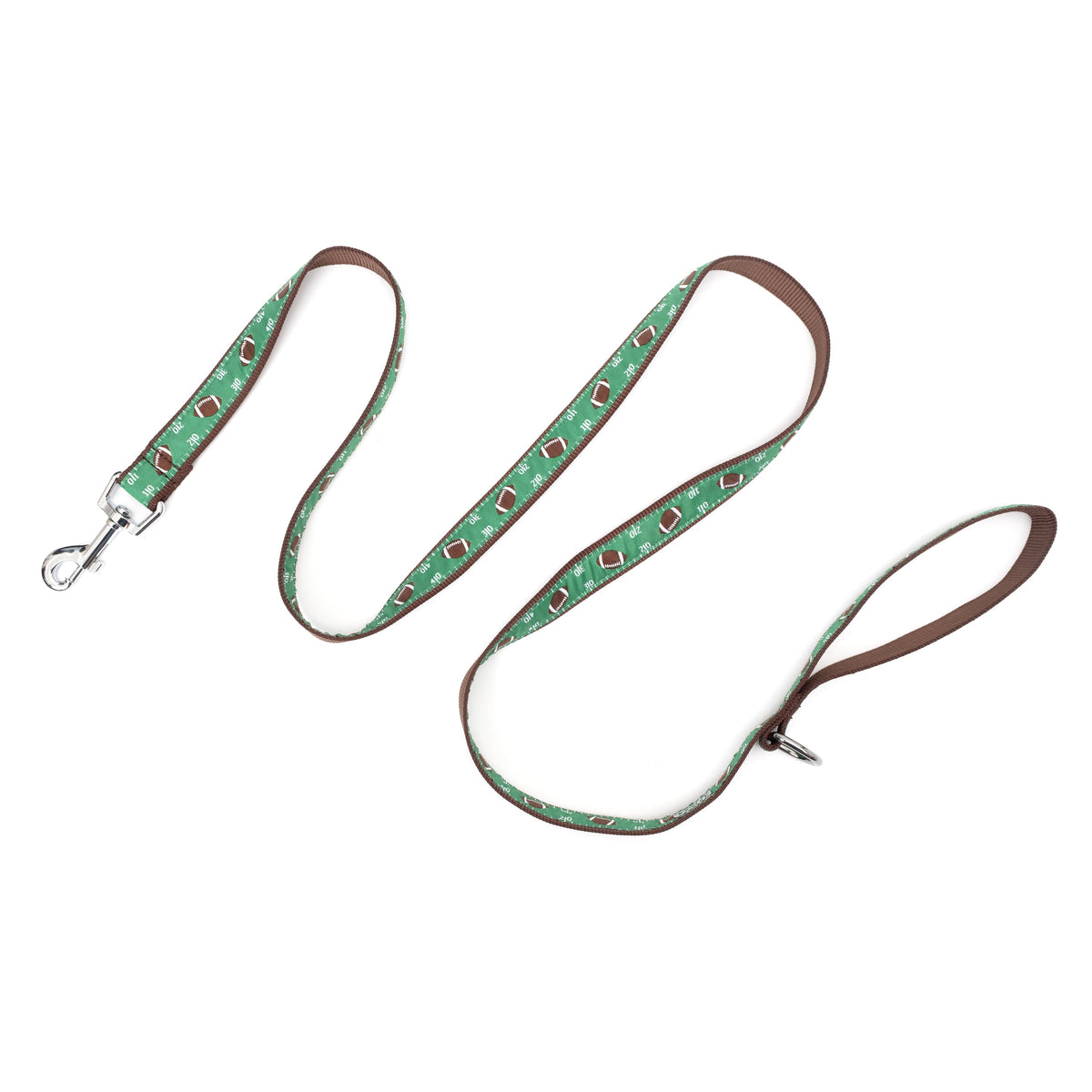 Footballs and numbered field markings on green ribbon nylon dog leash, extended