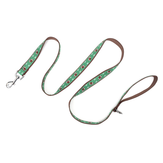 Footballs and numbered field markings on green ribbon nylon dog leash, extended