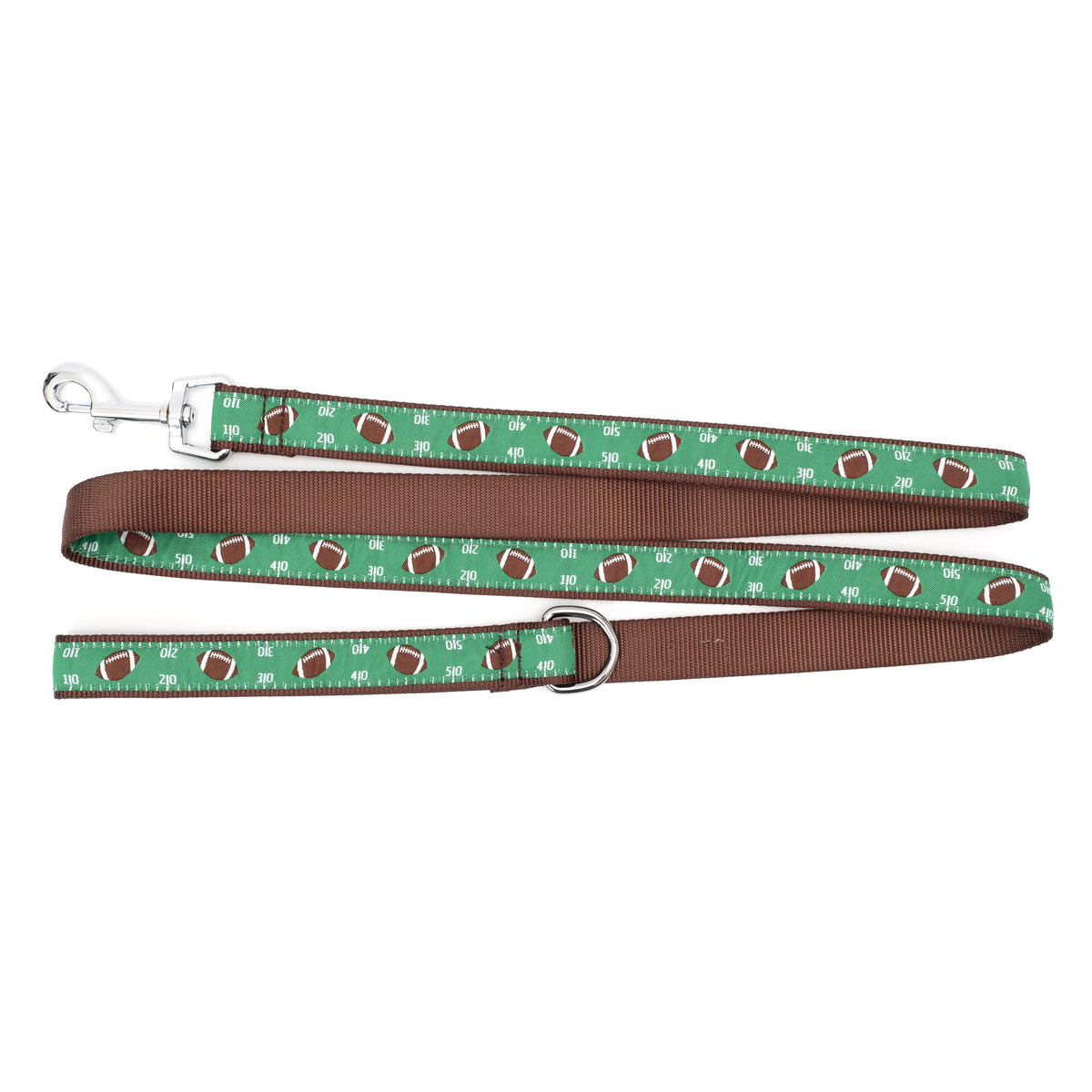 Footballs and numbered field markings on green ribbon nylon dog leash, ribbon and backing detail