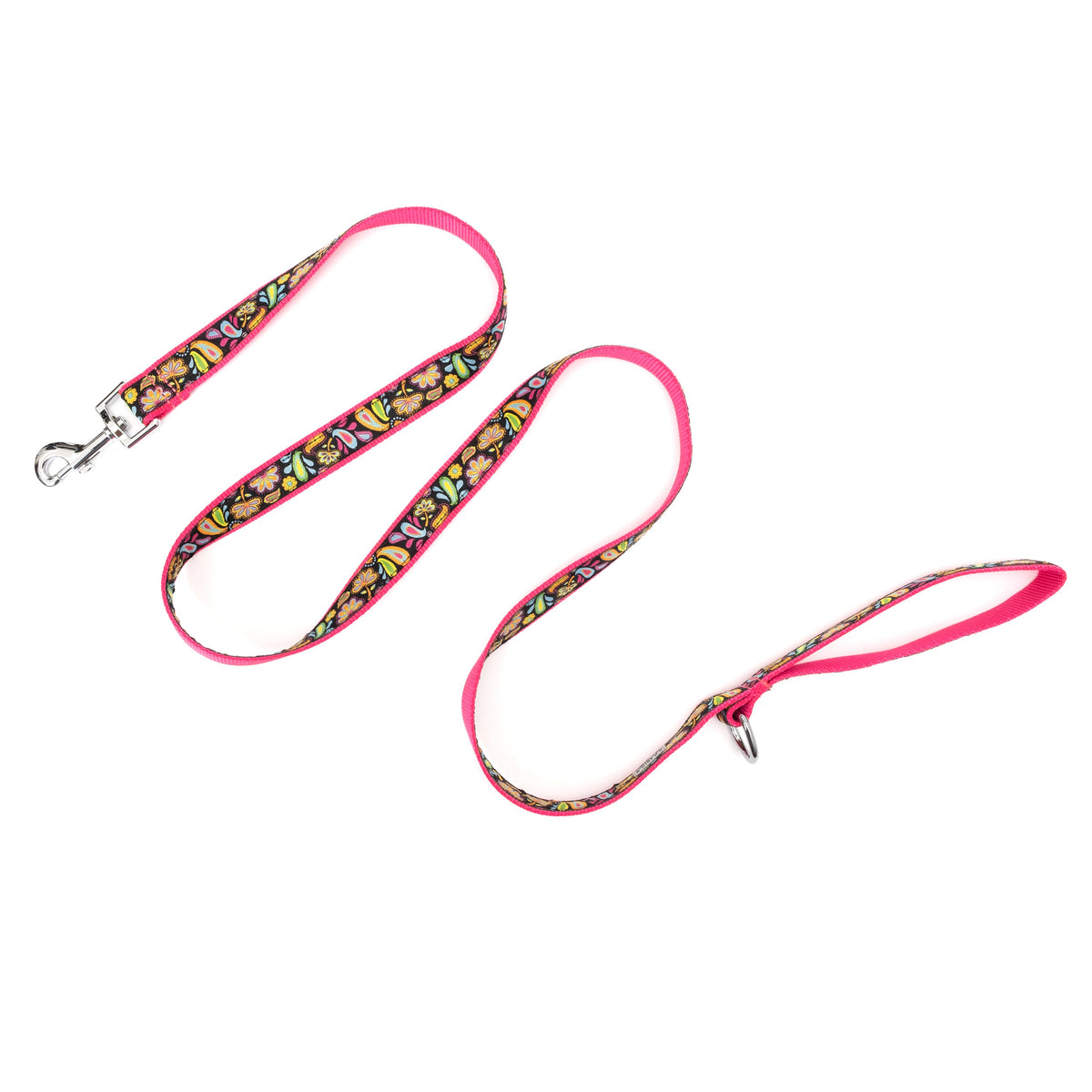 Colorful floral and paisley shapes on black ribbon nylon dog leash, extended