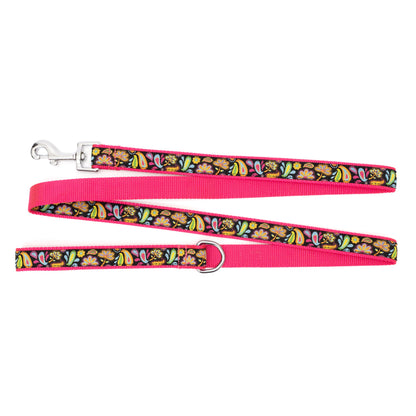 Colorful floral and paisley shapes on black ribbon nylon dog leash, ribbon and backing detail