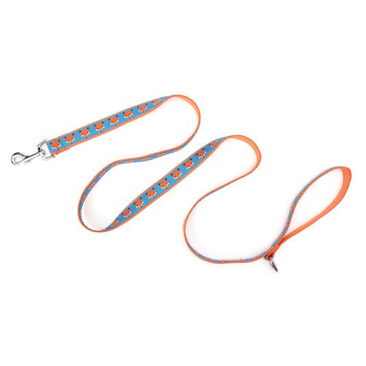 Repeating fox illustrations on blue ribbon nylon dog leash, extended