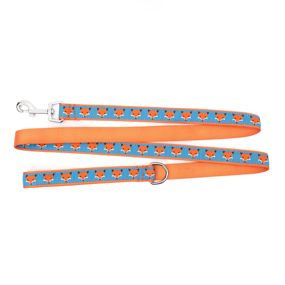 Repeating fox illustrations on blue ribbon nylon dog leash, ribbon and backing detail