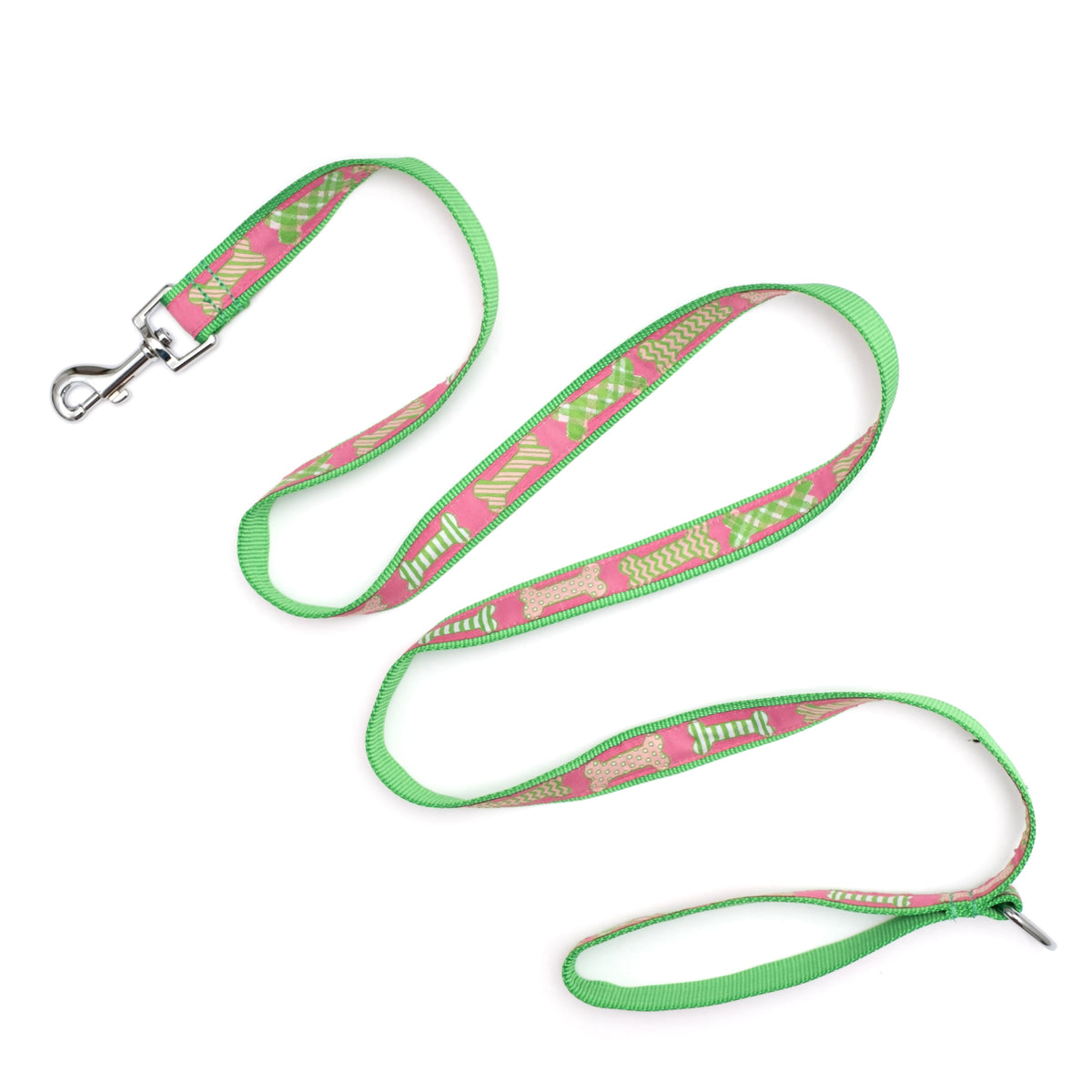Repeating bone shapes on patterned ribbon nylon dog leash, Pink colorway extended