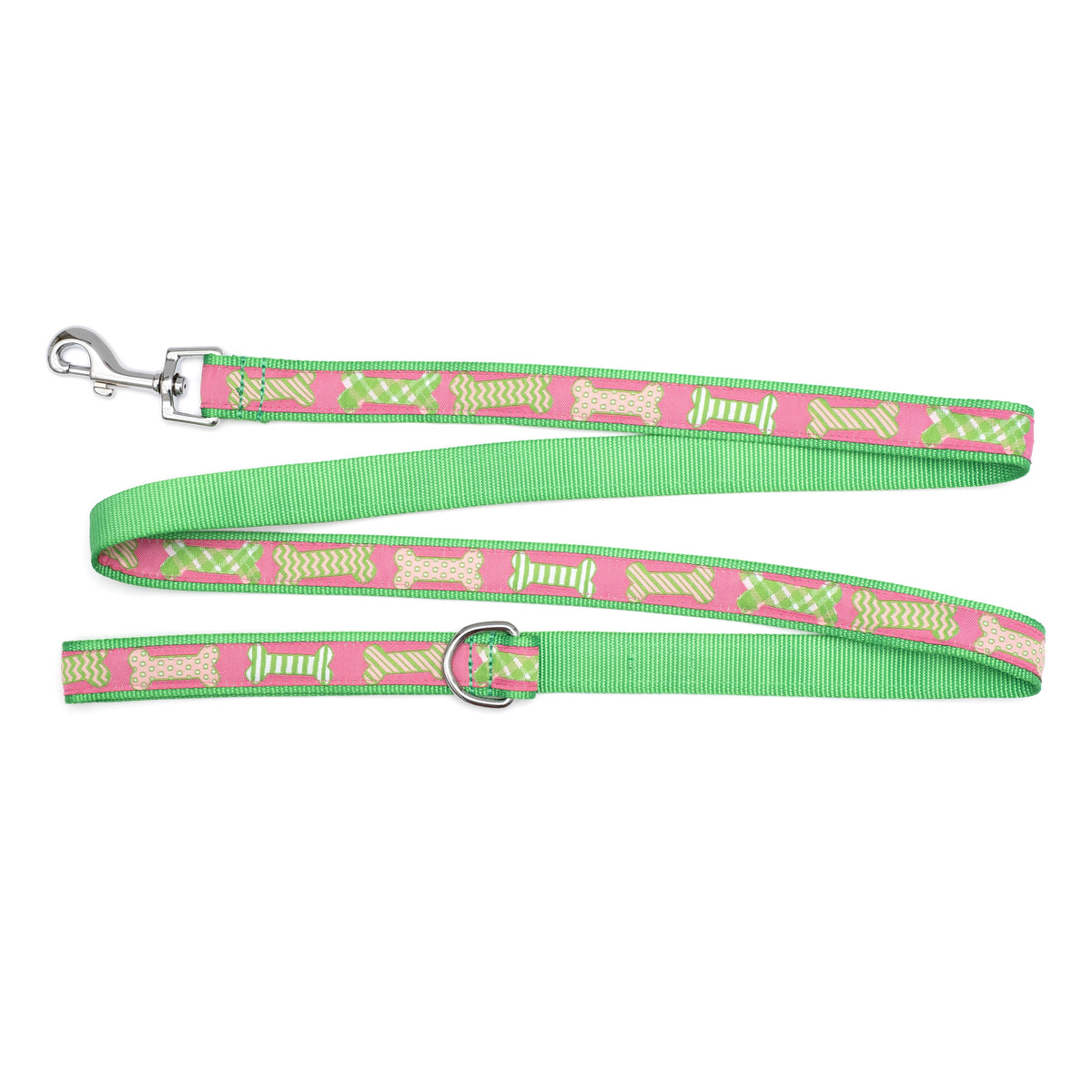Repeating bone shapes on patterned ribbon nylon dog leash, Pink ribbon and green backing detail