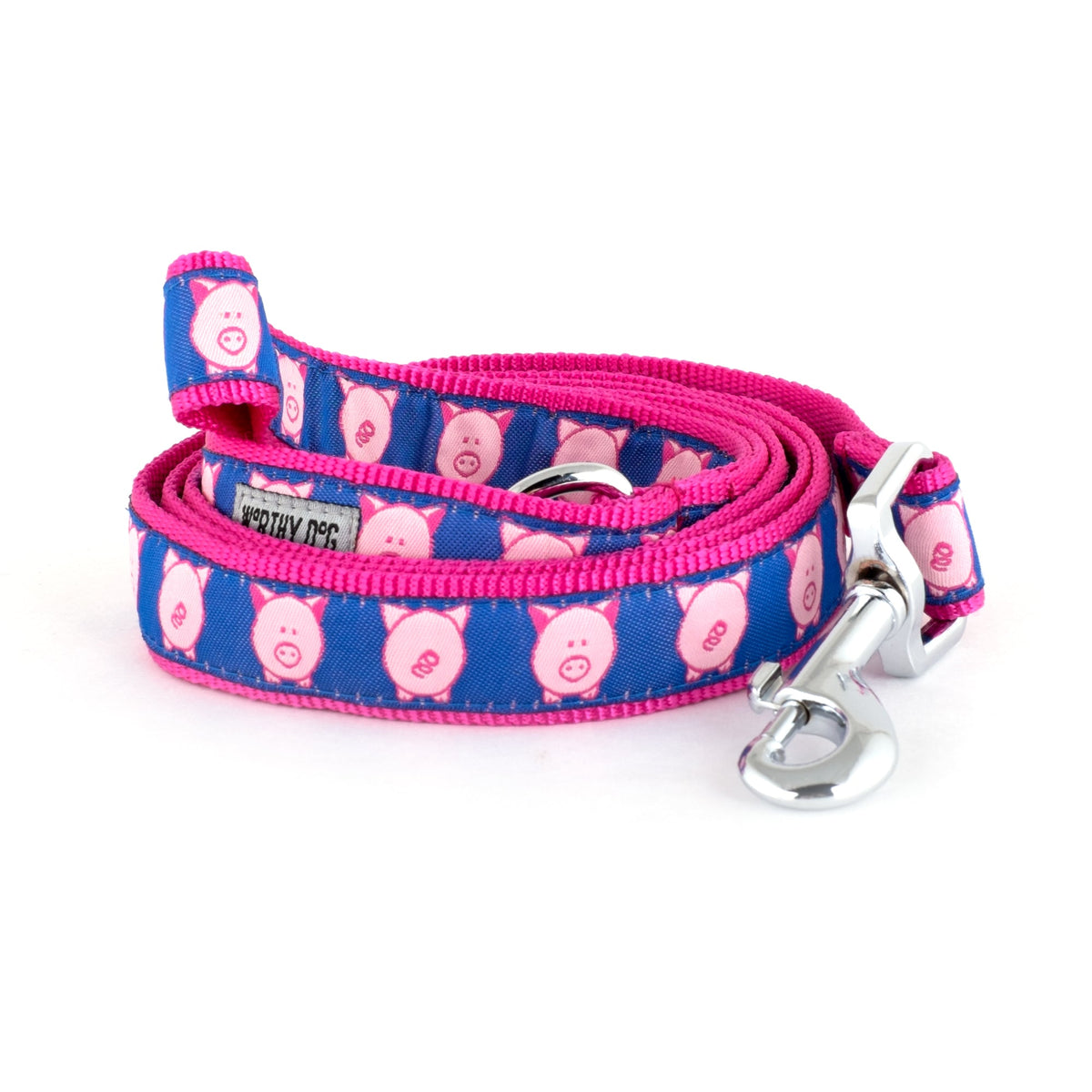 Blue Wilbur Pig Nylon Dog Leash — coiled leash