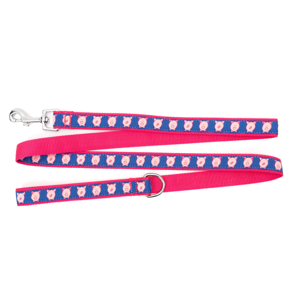 Blue Wilbur Pig Nylon Dog Leash — flat strap and hardware view
