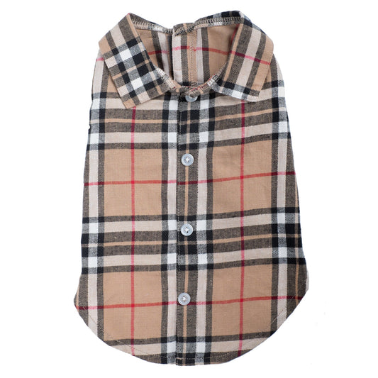 Tan Plaid Dog Shirt – Cotton, Tan, Sizes XS–XXL