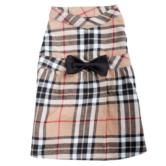 Tan Plaid Dog Dress – Cotton, Tan, Sizes XS–XXL