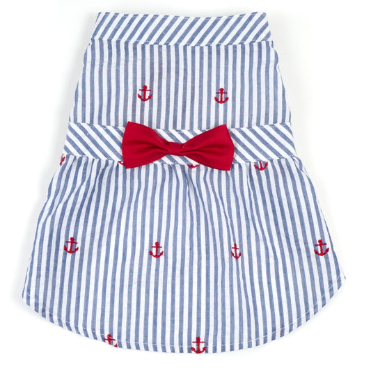 Navy Stripe Anchor Dog Dress – Cotton, Navy, Sizes XS–XXL