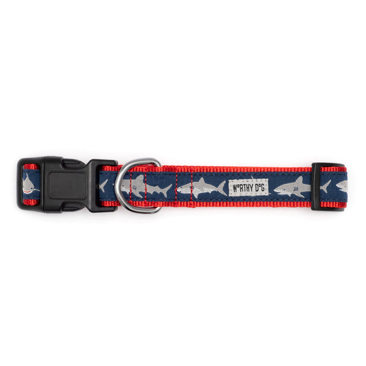 Navy Blue Shark Nylon Dog Collar in blue, product view 2