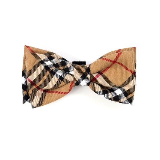 Tan Plaid Dog Bow Tie – Cotton, Tan, Sizes S, L
