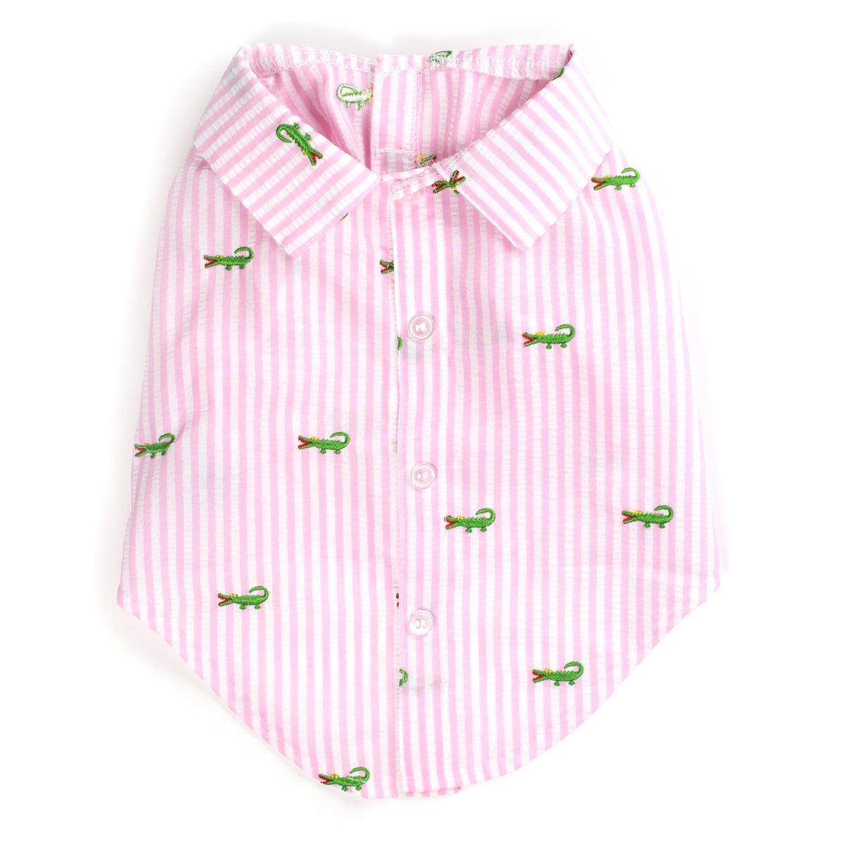 Pink Stripe Alligator Dog Shirt – Cotton, Pink/White, Sizes XS–XXL