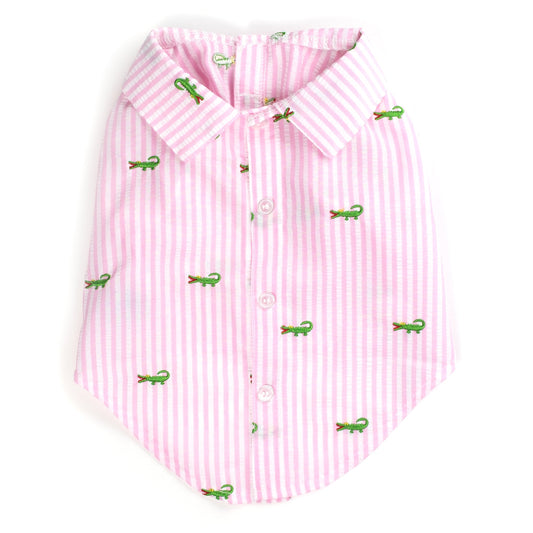 Pink Stripe Alligator Dog Shirt – Cotton, Pink/White, Sizes XS–XXL